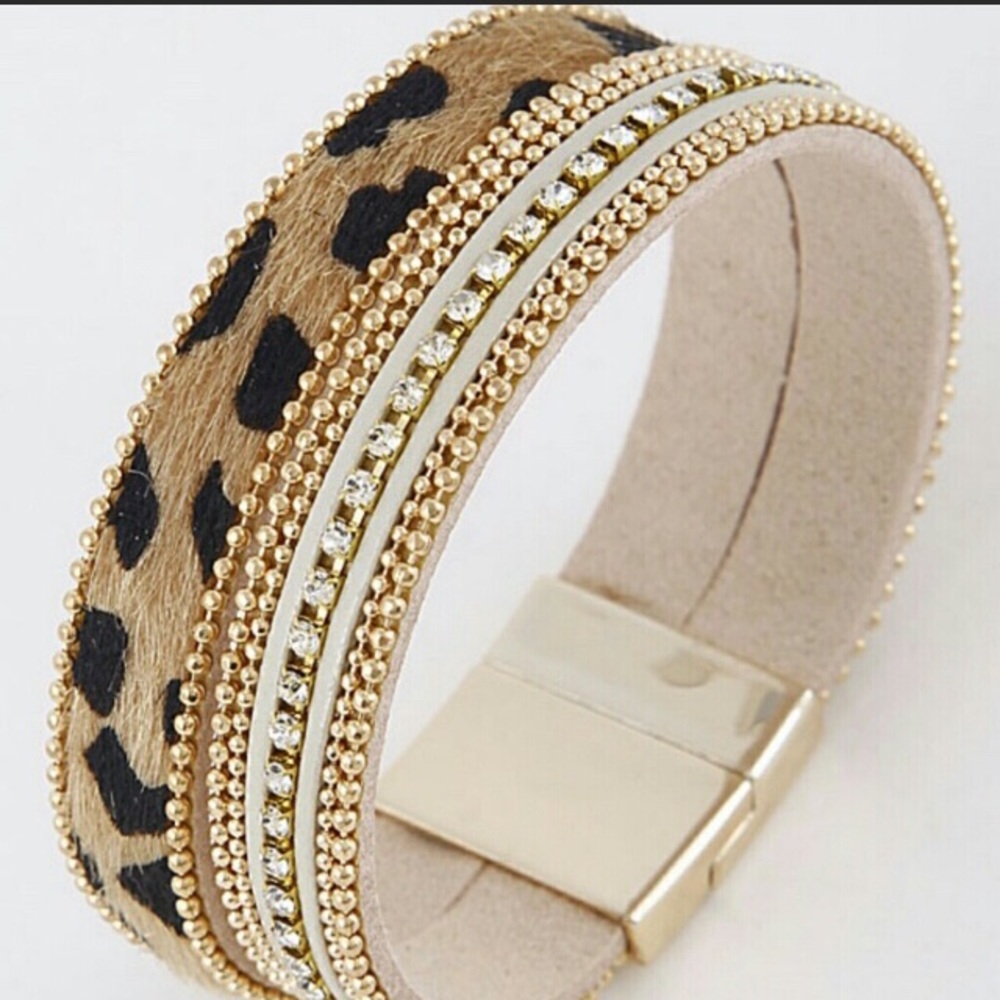 Unique Leopard Faux Fur, Stud & Crystal Bracelet